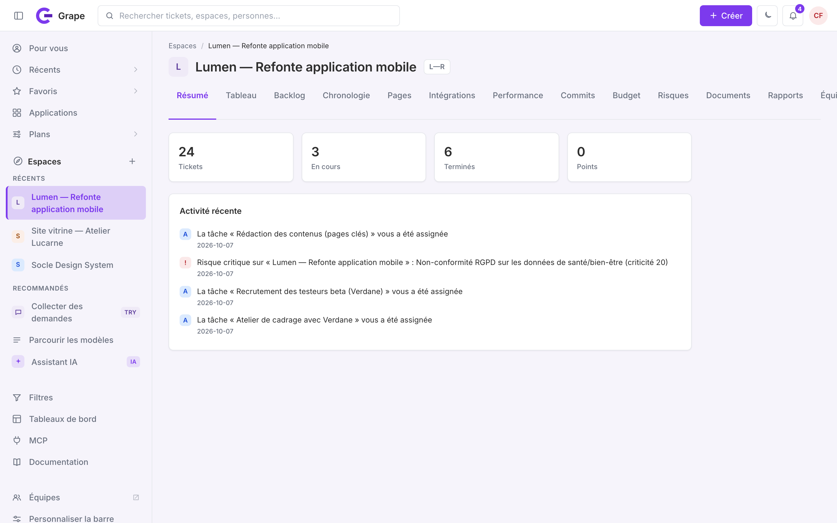 Onglet Résumé de l'espace Lumen : quatre indicateurs (Tickets, En cours, Terminés, Points) en haut, et le fil « Activité récente » en dessous.
