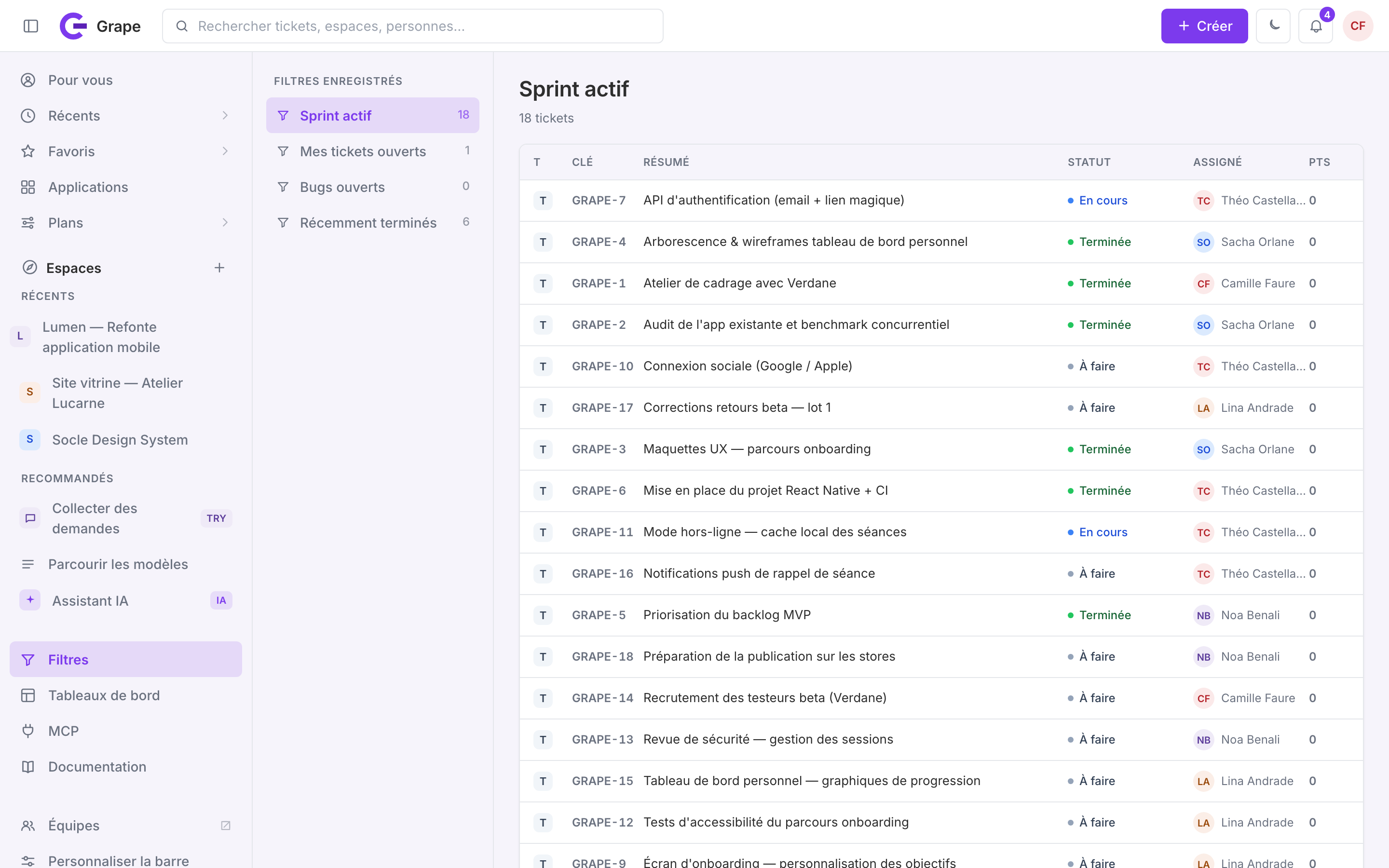 Vue Liste avec le panneau « Filtres enregistrés » à gauche (Sprint actif sélectionné) et, à droite, le tableau des tickets du sprint actif avec leurs statuts et assignés.