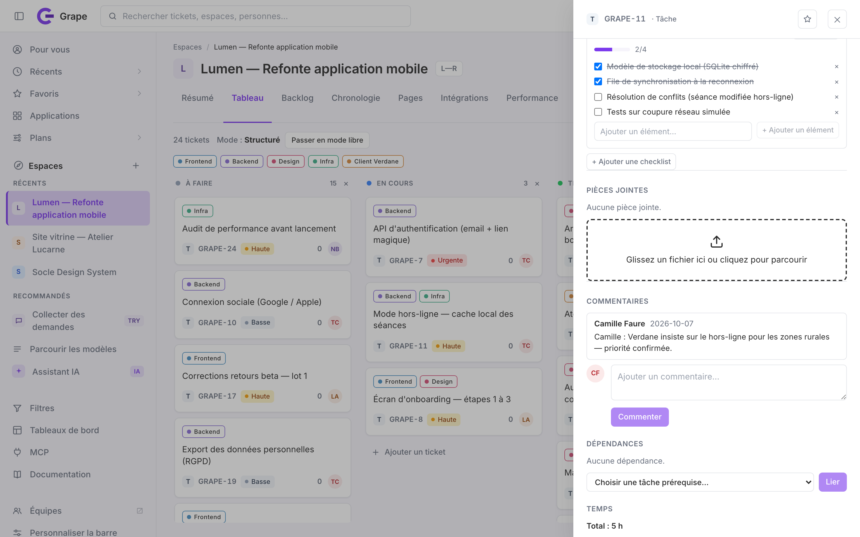 Moitié basse du même panneau : checklist « Mise en cache des séances » à 2/4, un commentaire de Camille, et le temps passé total en bas.
