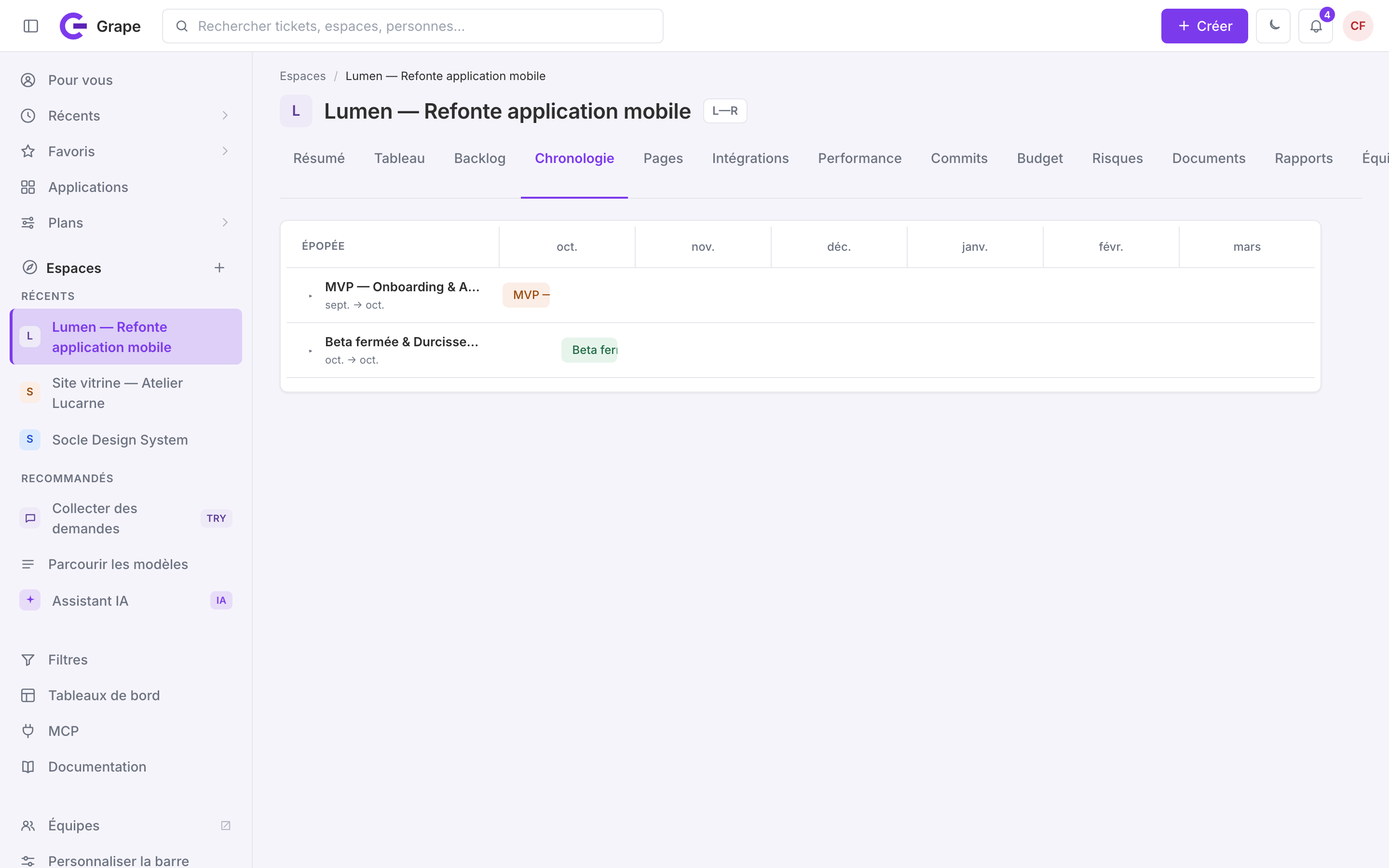 Chronologie de l'espace Lumen : les sprints « MVP — Onboarding & Authentification » et « Beta fermée & Durcissement » positionnés sur un axe de mois ; le sprint déjà terminé « Cadrage & Design » n'y figure plus.