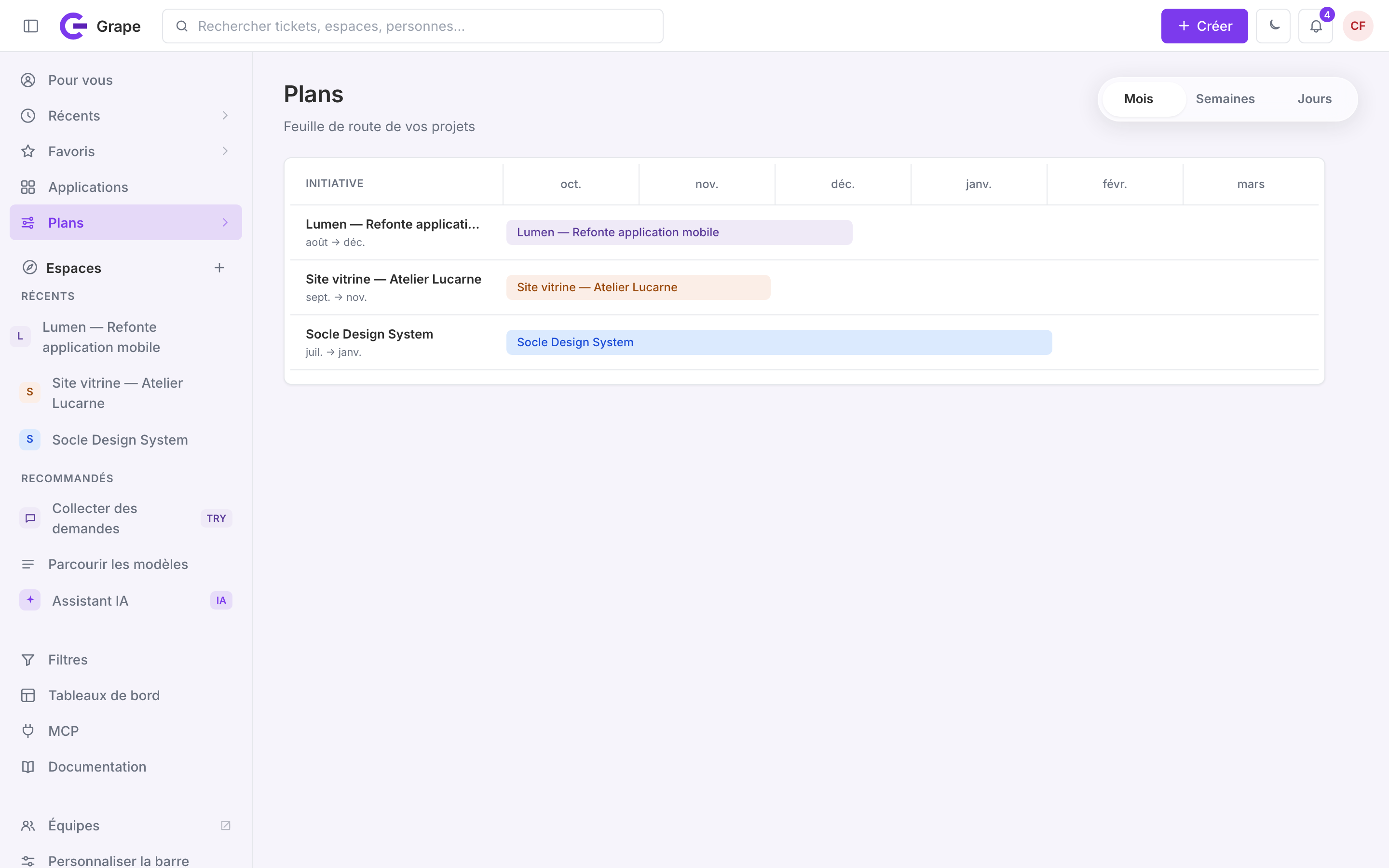 Vue Plans : feuille de route de tous les projets de l'agence, dont Lumen — Refonte application mobile, avec le sélecteur de granularité Mois / Semaines / Jours en haut à droite.
