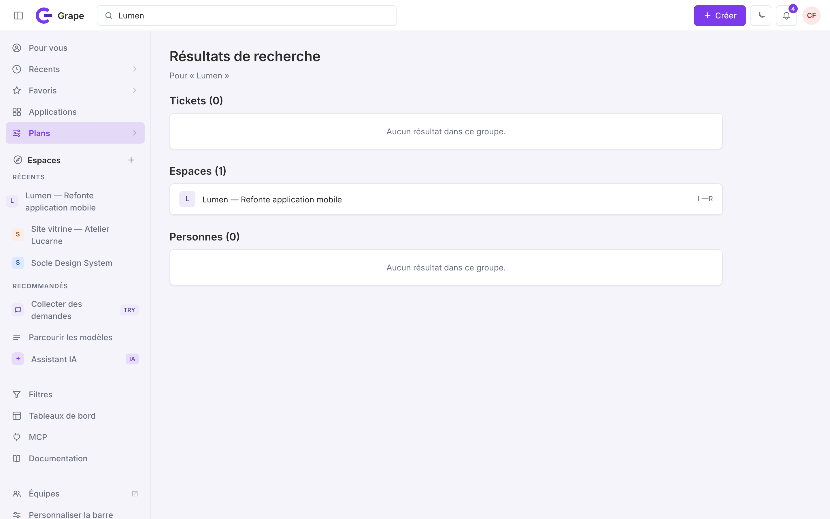 Résultats de recherche globale pour « Lumen », affichés en trois groupes : Tickets, Espaces et Personnes, chacun avec son compteur de résultats.